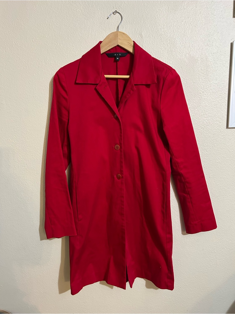 Red Longline Button-Front Women's Coat Blazer Size Medium Cotton USA Made Y2K